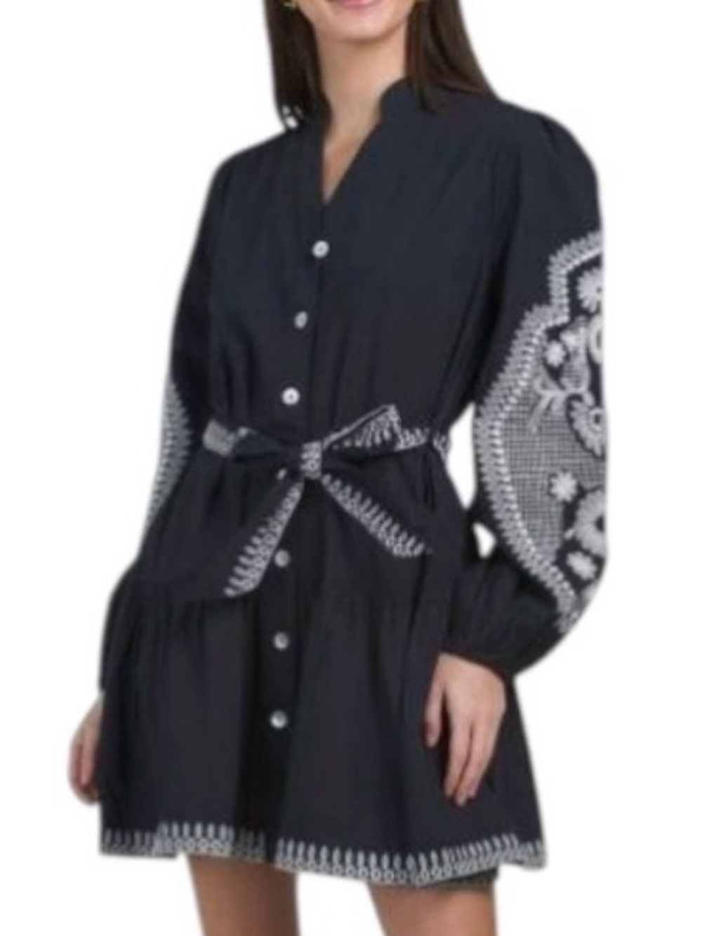 7 For All Mankind Black Mini Dress with White Embroidered Sleeves